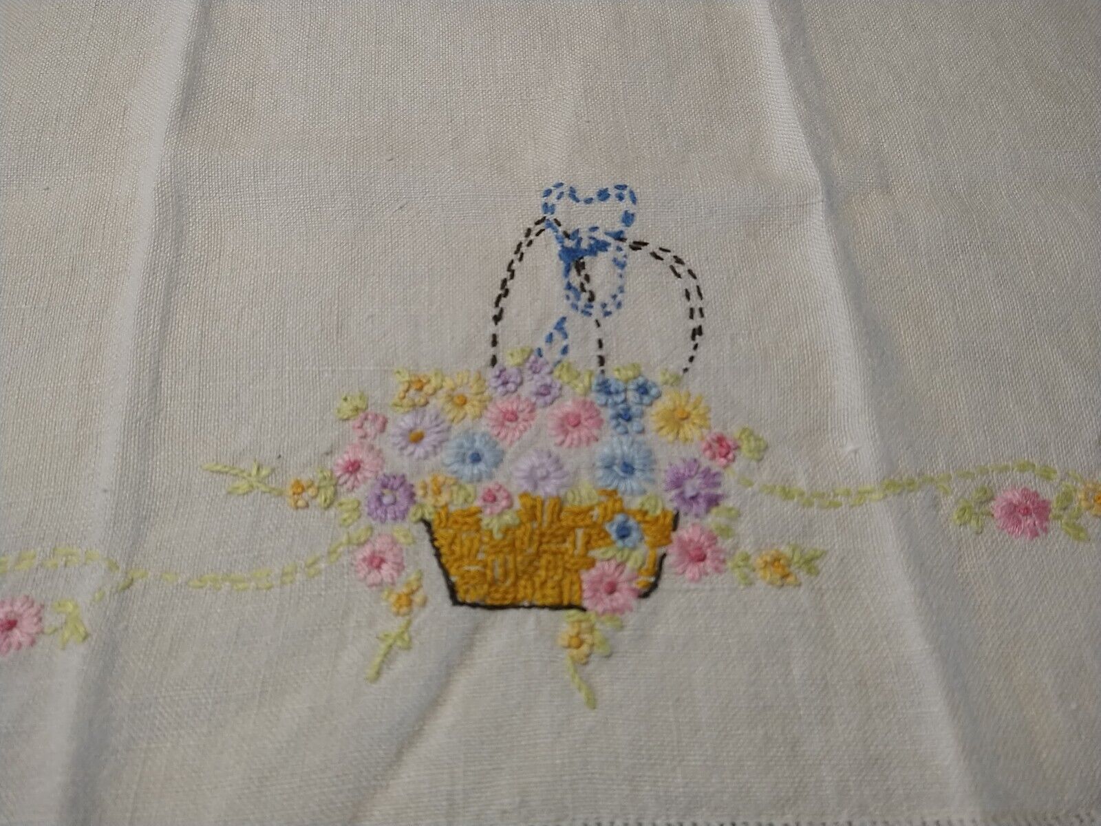 Vintage Embroidered Cotton Linen Hand Towel Flower Basket Pink Blue 16x26
