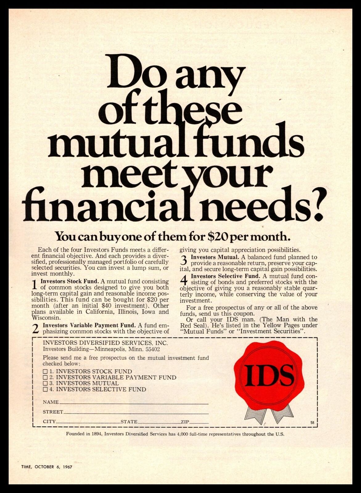 1967 IDS Investor\'s Diversified Services Mutual Stock Funds Vintage Print Ad