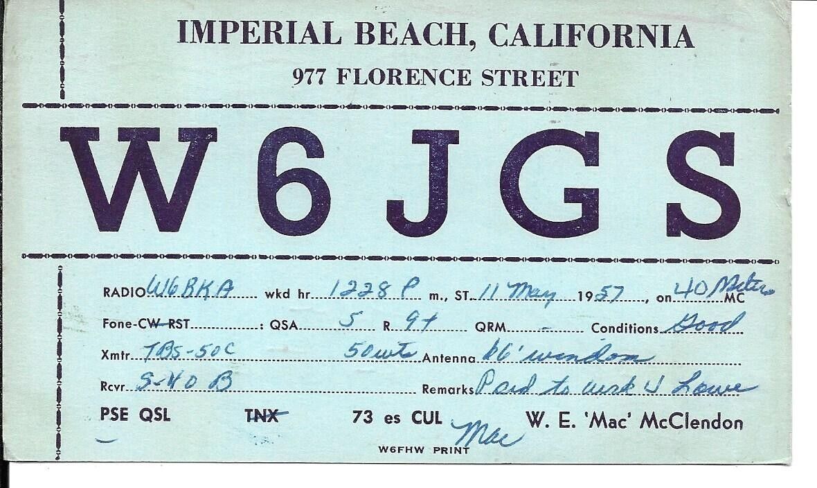 QSL 1957 Imperial Beach CA     radio card