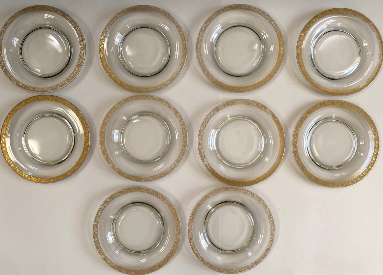 (Set of 10) Vintage Clear Glass Dishes w/Gold Rose Floral Encrusted Trim Plates,