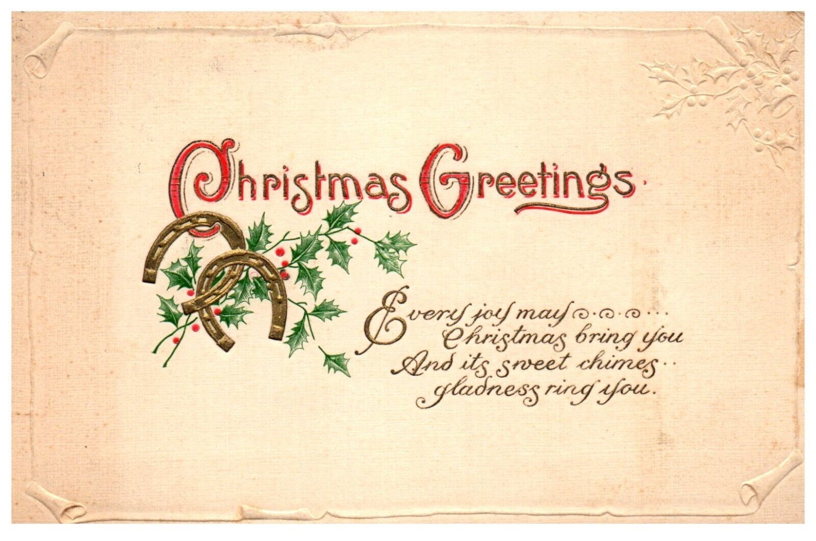 Christmas Greetings Victorian Embossed Postcard Horseshoes Holly Posted 1914