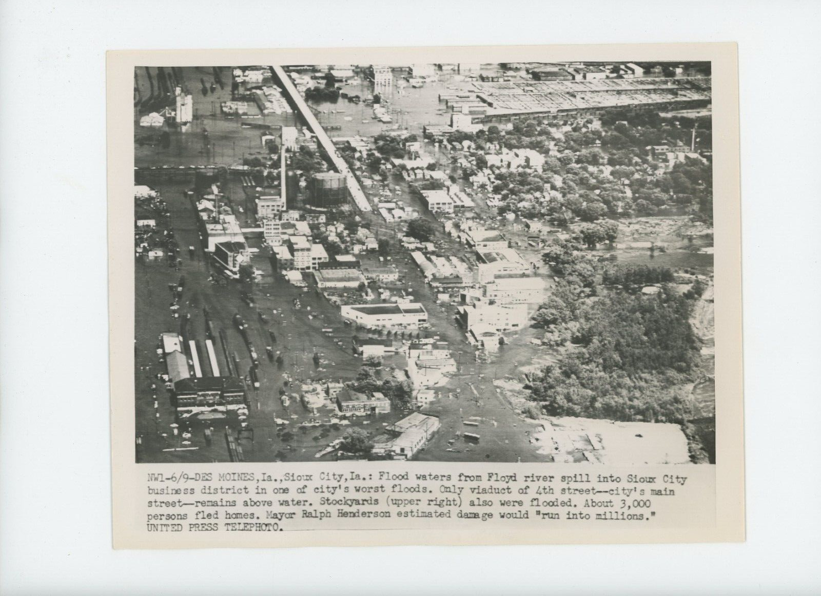 Vintage Press Photo Aerial View Flood Damage Floyd River Sioux City IA 1953