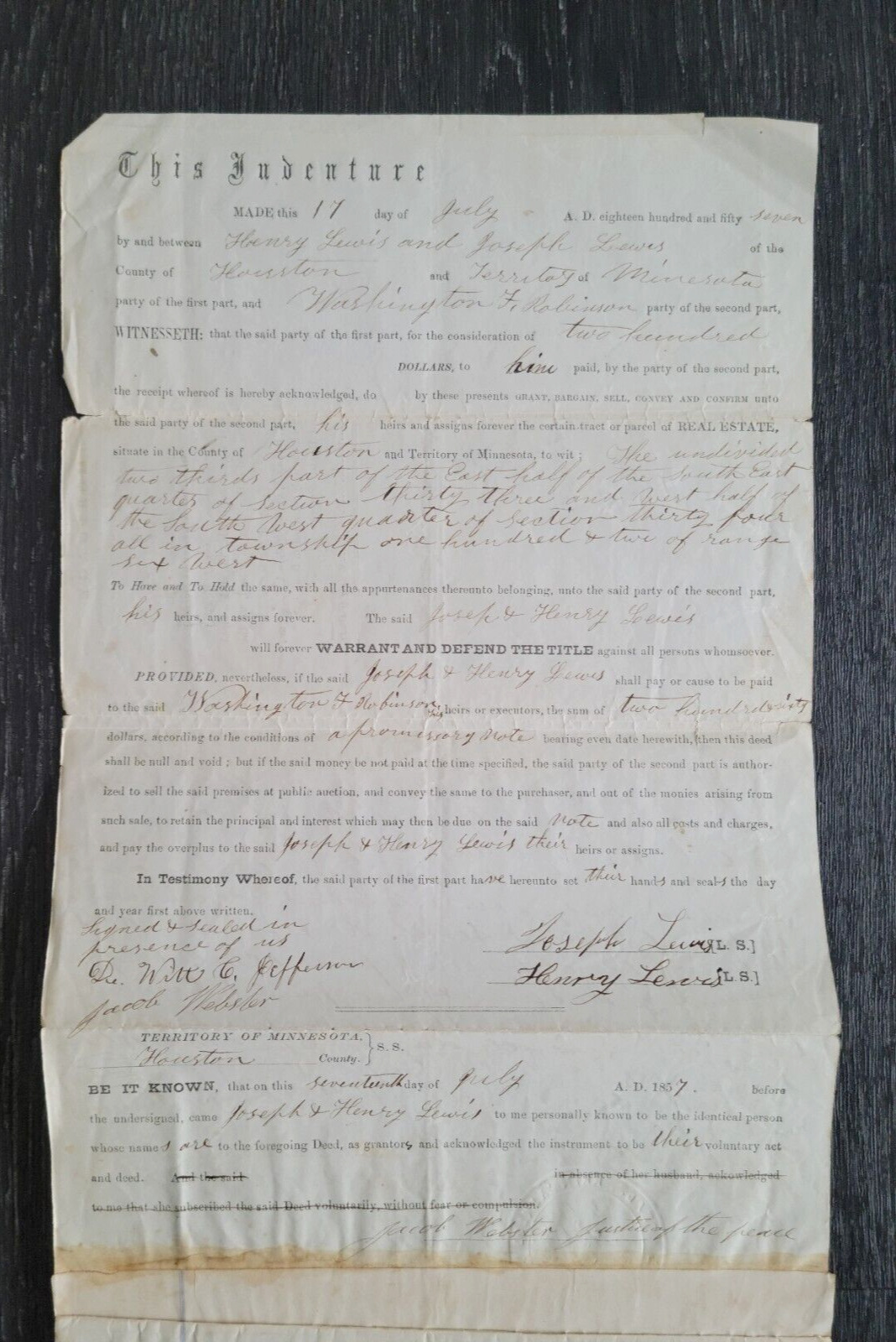 1857 Minnesota Land Deed And Mortgage, Document Stamp, Lewis To Robinson