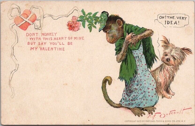1907 Tuck\'s Artist-Signed R.F. OUTCAULT Valentine\'s Day Postcard Monkey / Dog