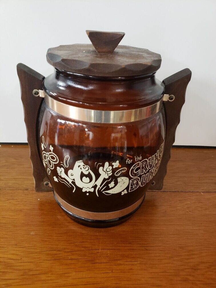 Vintage SIESTA WARE Snack Jar w/ Wood Trim Amber Brown Glass \