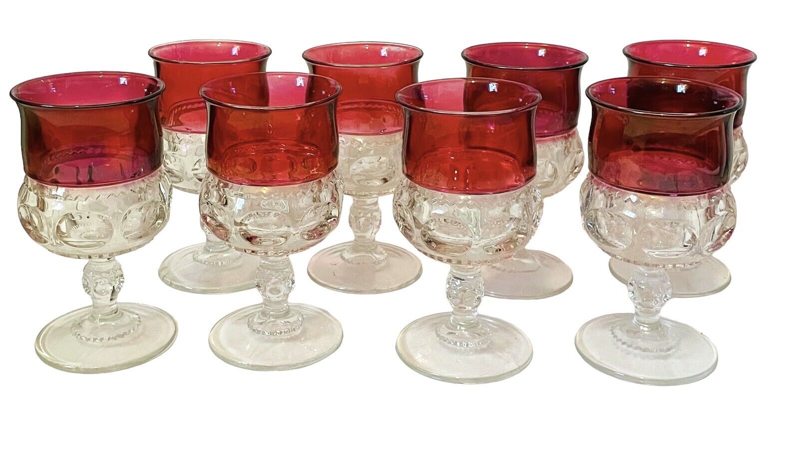 King\'s Crown Goblet Clear Ruby Flash Edge Vintage Indiana Glass Set Of 8. 5.5”