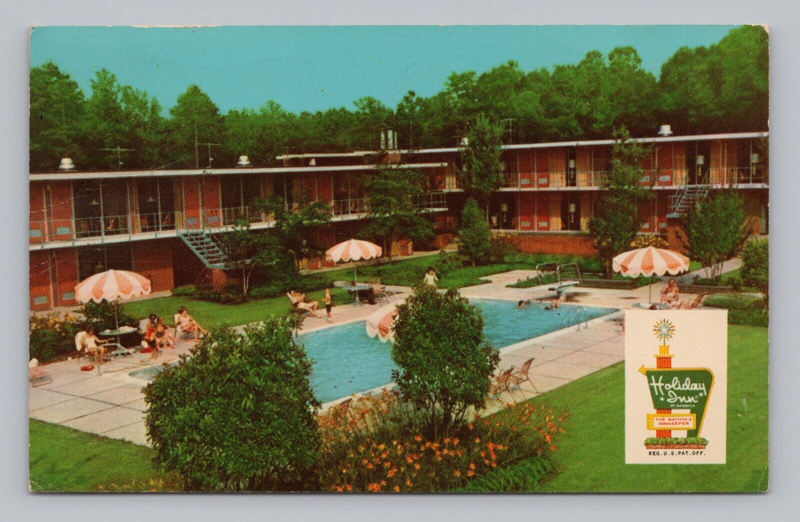 Postcard Holiday Inn Greenwood South Carolina Sunbathers by Pool c1970
