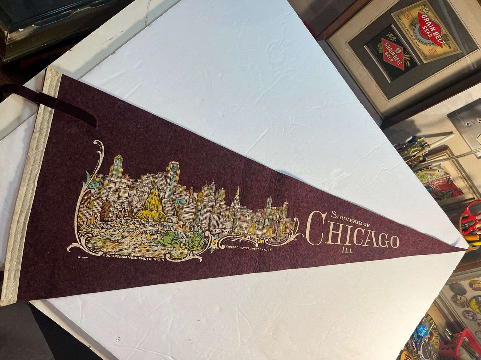 Vintage 1940’s Souvenir Of Chicago Felt Pennant Skyline 27 Inch
