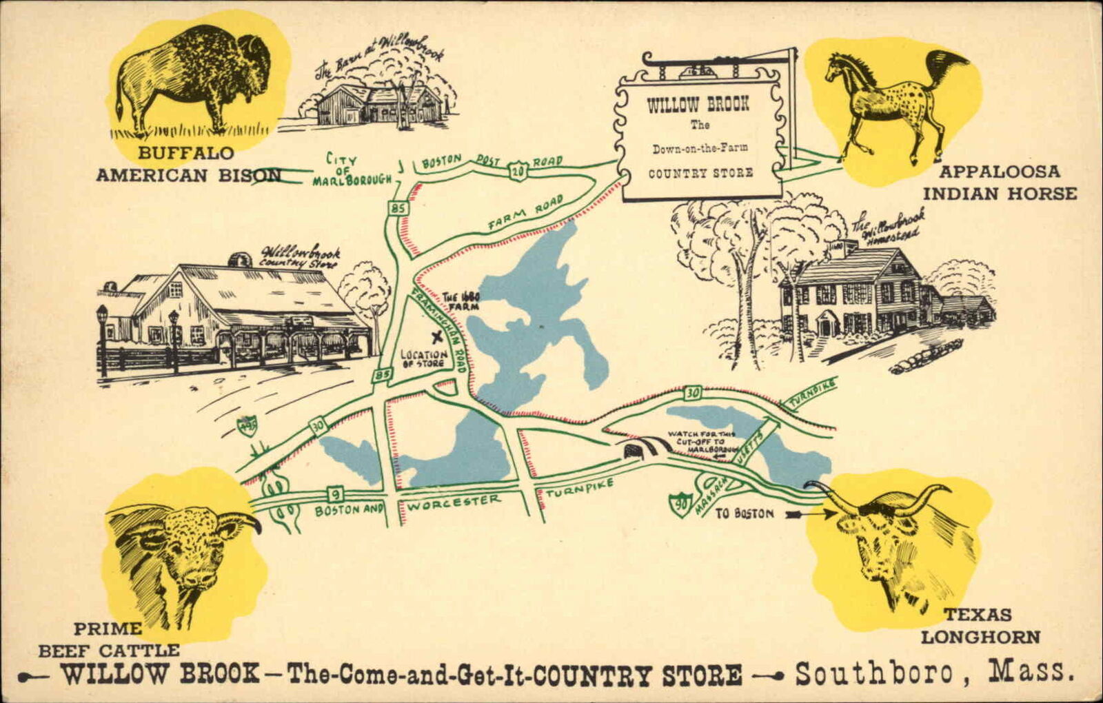Southboro Massachusetts MA Store Advertisement Map 1950s-60s Postcard