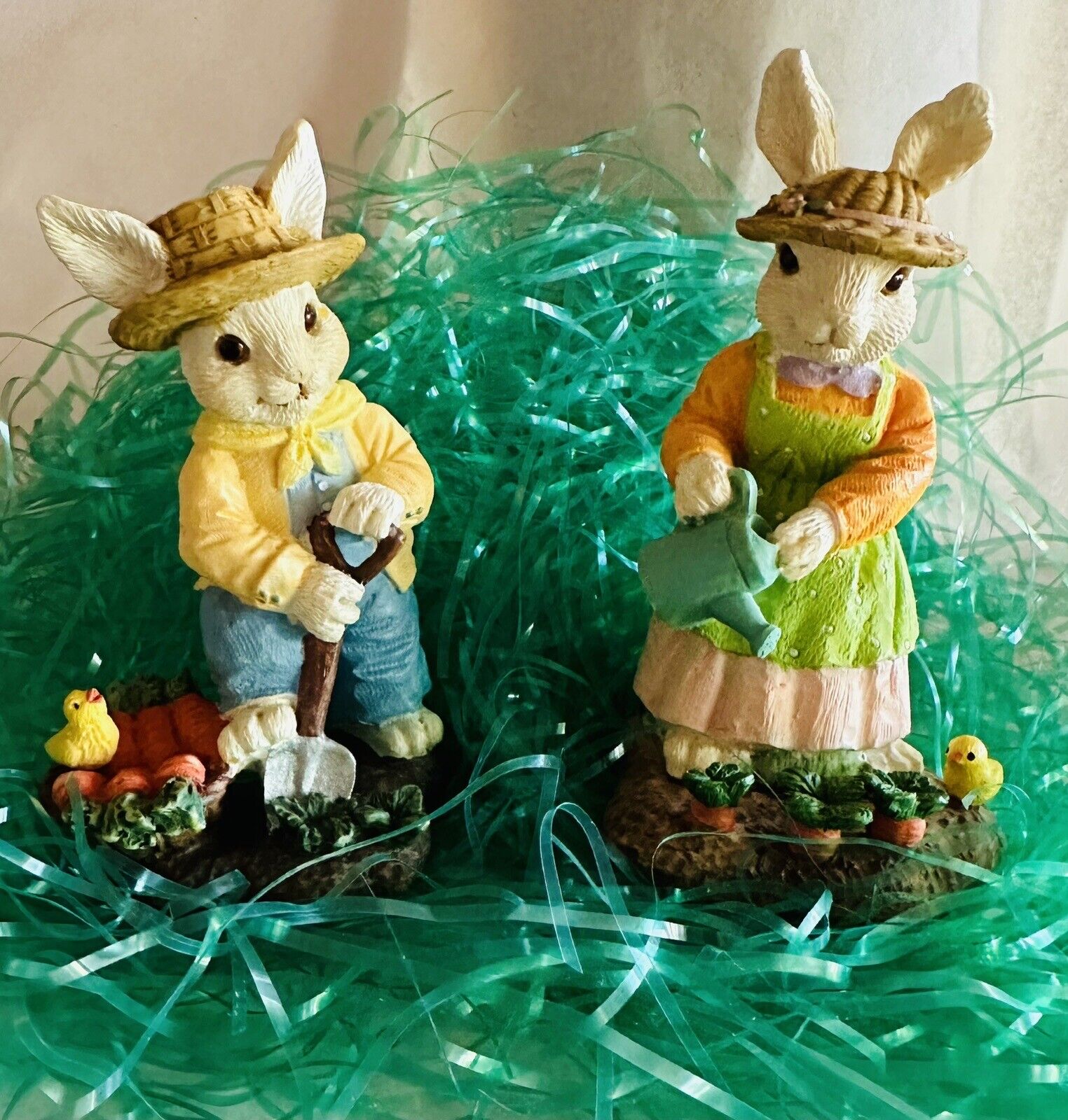 Vintage Mr. and Mrs. Easter Farmer  Bunny 4.25”Resin Decorations