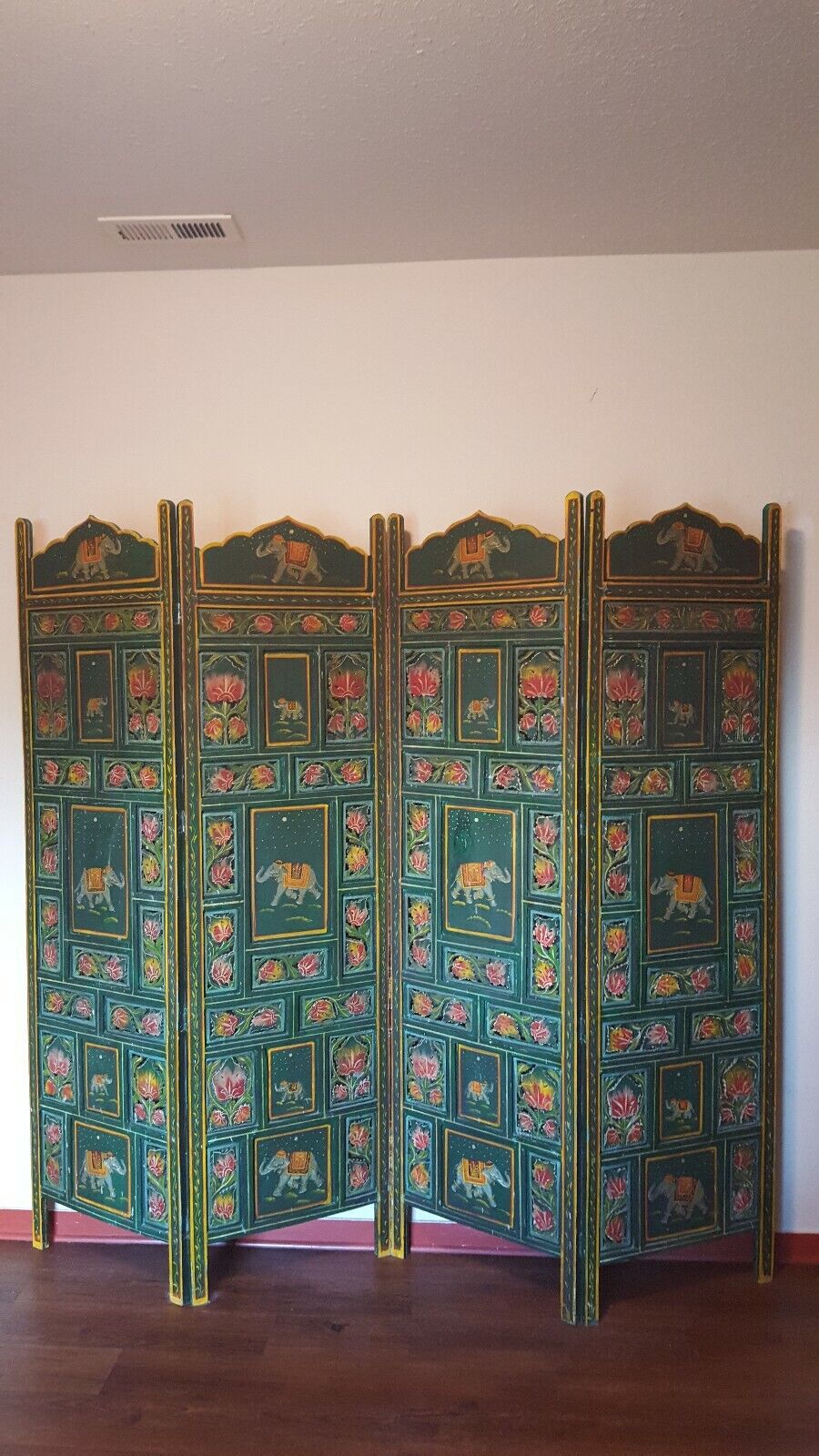 Vintage polychrome four panel hand painted wooden screen / room divider