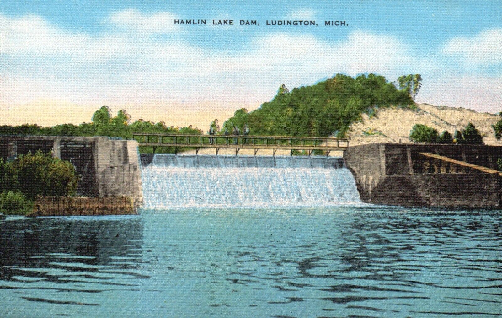 Postcard MI Ludington Michigan Hamlin Lake Dam Linen Vintage PC f7428