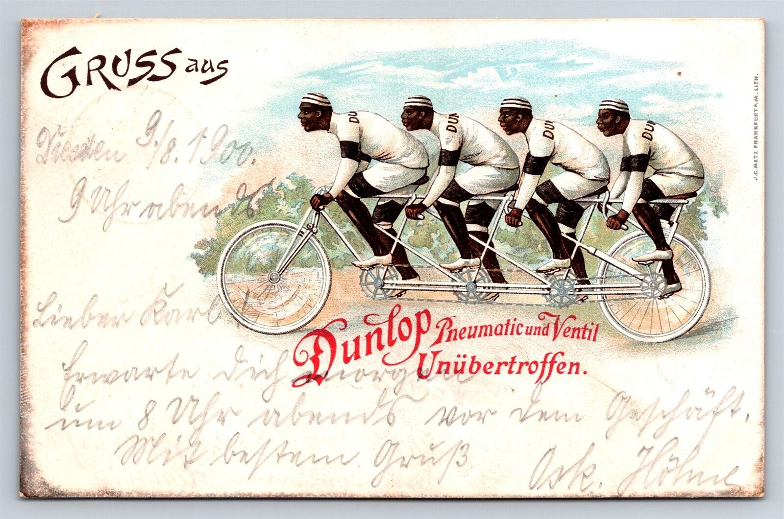 German Advertising Postcard Dunlop Bicycle Pneumatics 4 Men Riding Tandem AT14
