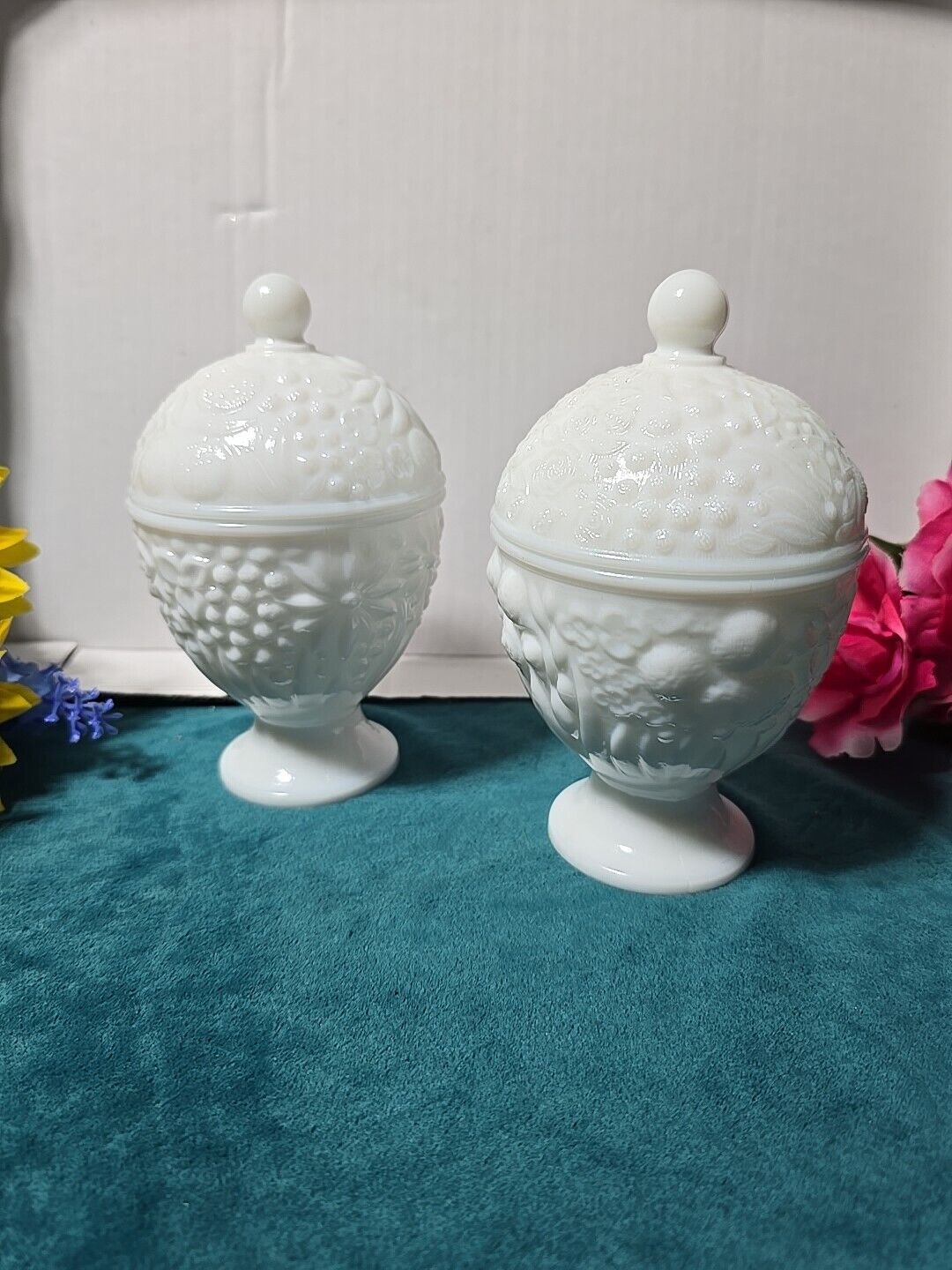 Pair Of Vintage Avon Milk Glass Lidded Candy Dishes Floral Design Oval Shape