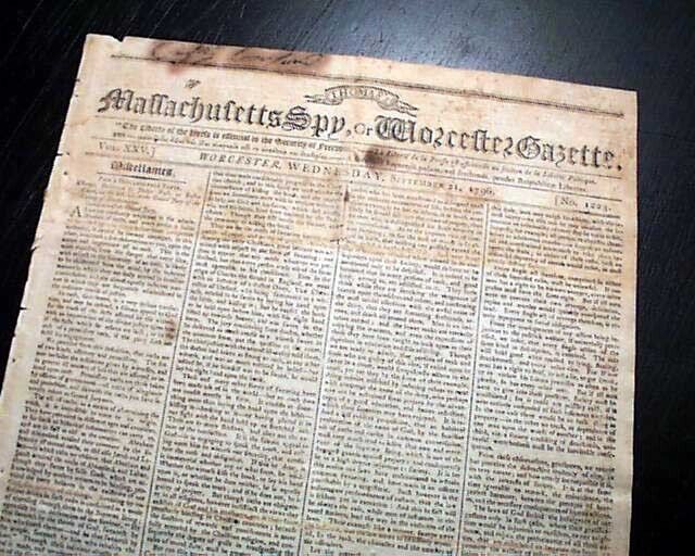 Nice Massachusetts Spy Published by Isaiah Thomas 1796 Worcester MA Newspaper 