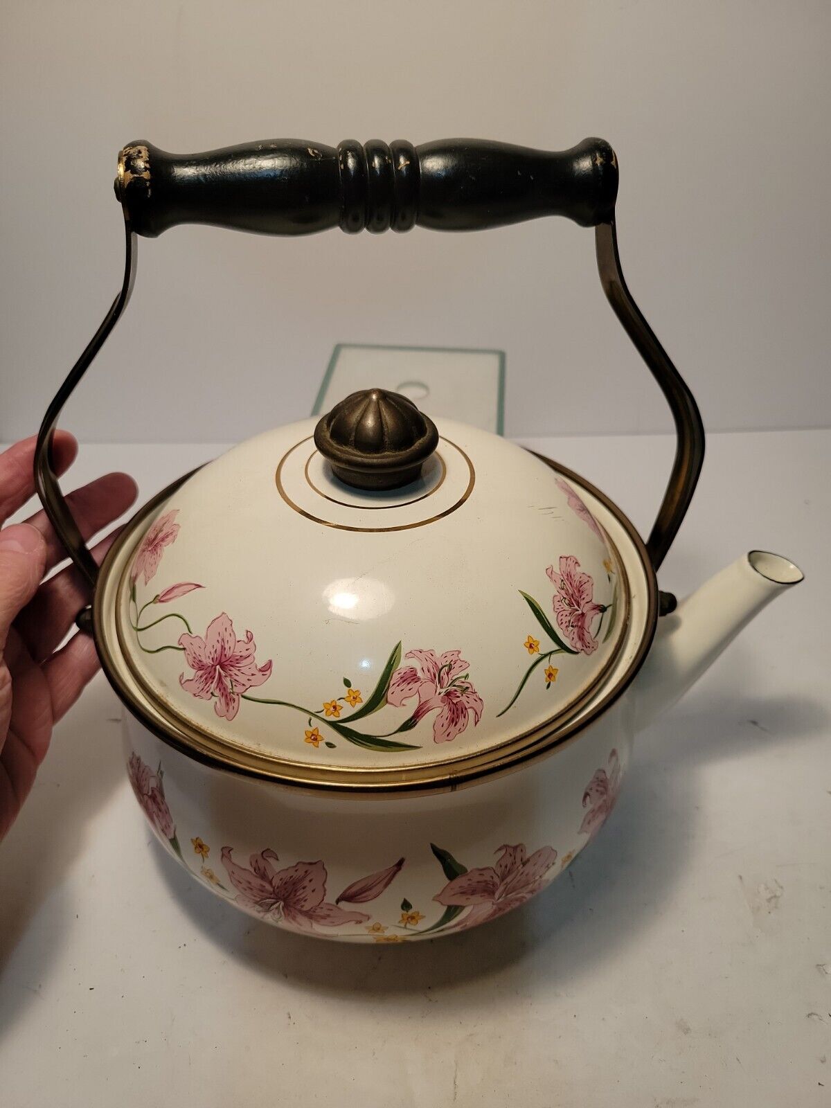 Normandy Enamel Teapot Tiger Lilly wood handle