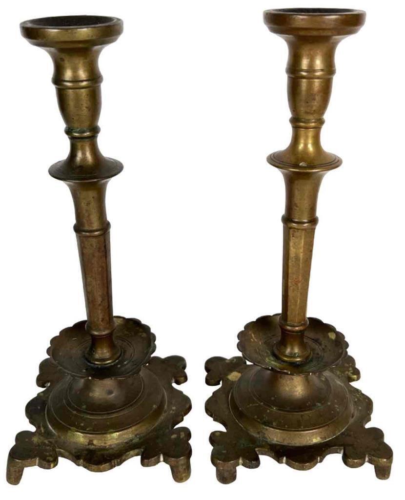 Pr. 19thC Antique Old World Russian Brass Shabbat Judaica Religious Candlesticks