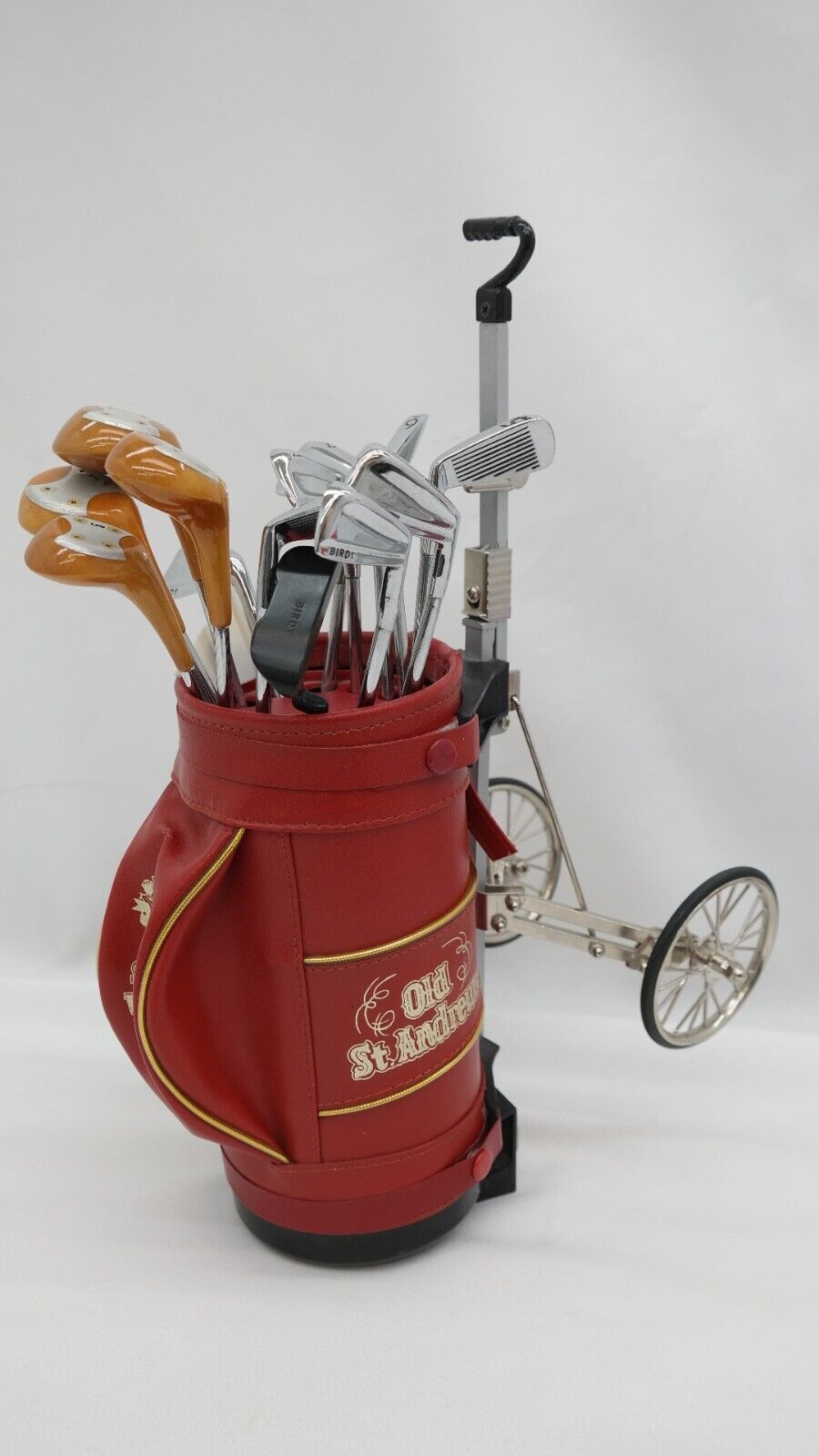 Old St Andrews Scotch Whisky Leather Golf Bag Cart w/ Clubs & Mini Golf Balls