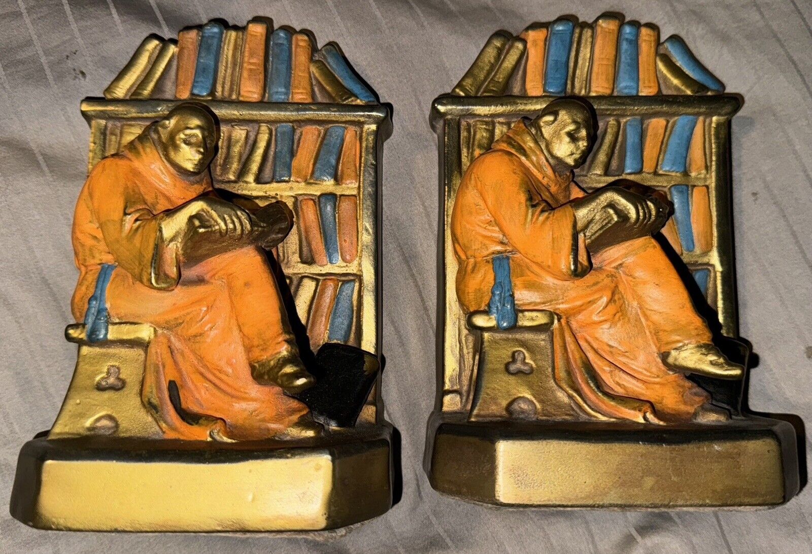 Matched Pair Multi-Color Metallic Book-Ends Monk In Chair Reading