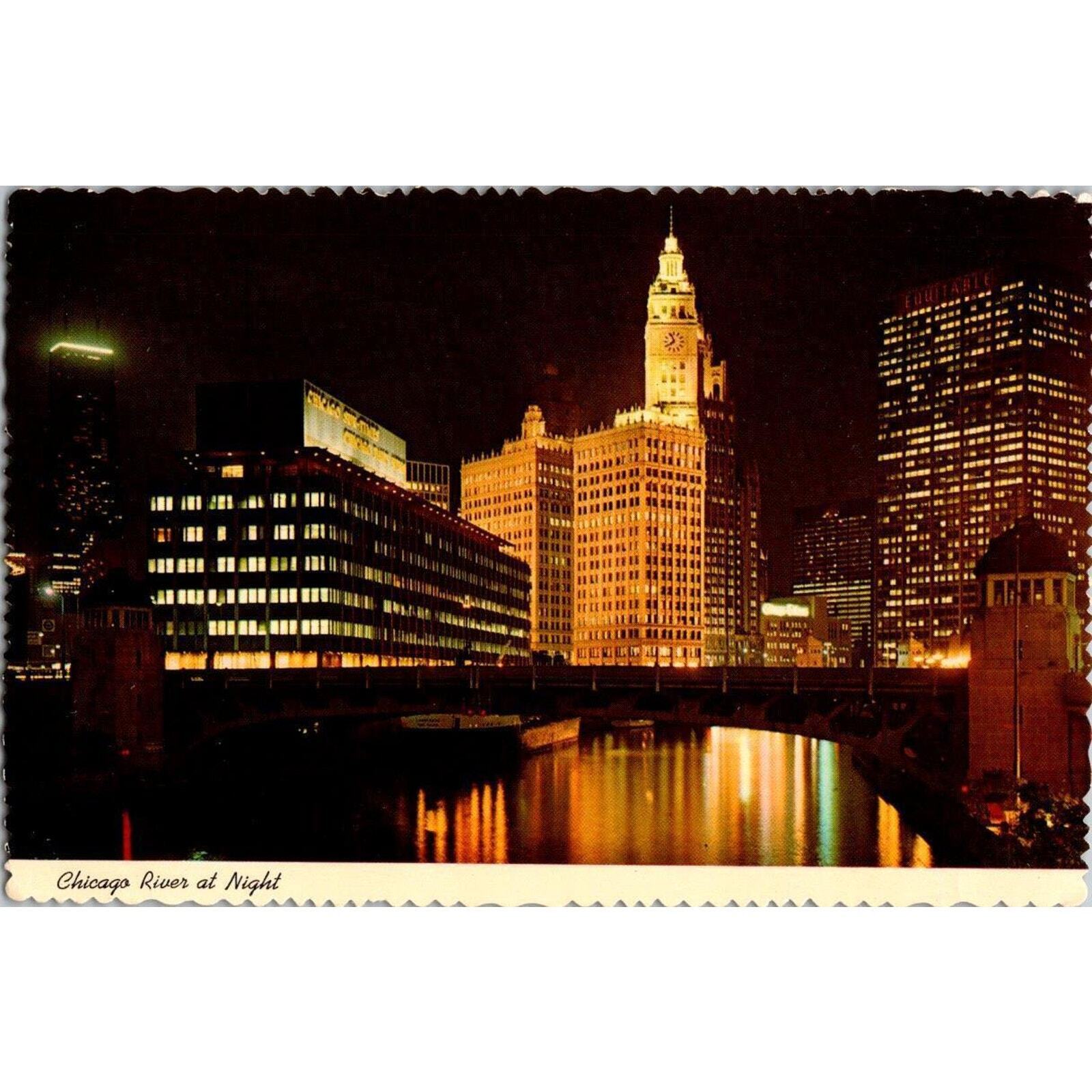 Vintage Postcard Chicago Illinois River at Night, Sun Times Daily News Building