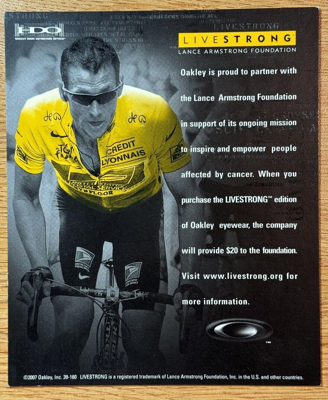 OAKLEY 2007 LANCE ARMSTRONG LIVESTRONG Promo Display Card New Old Stock 6x5