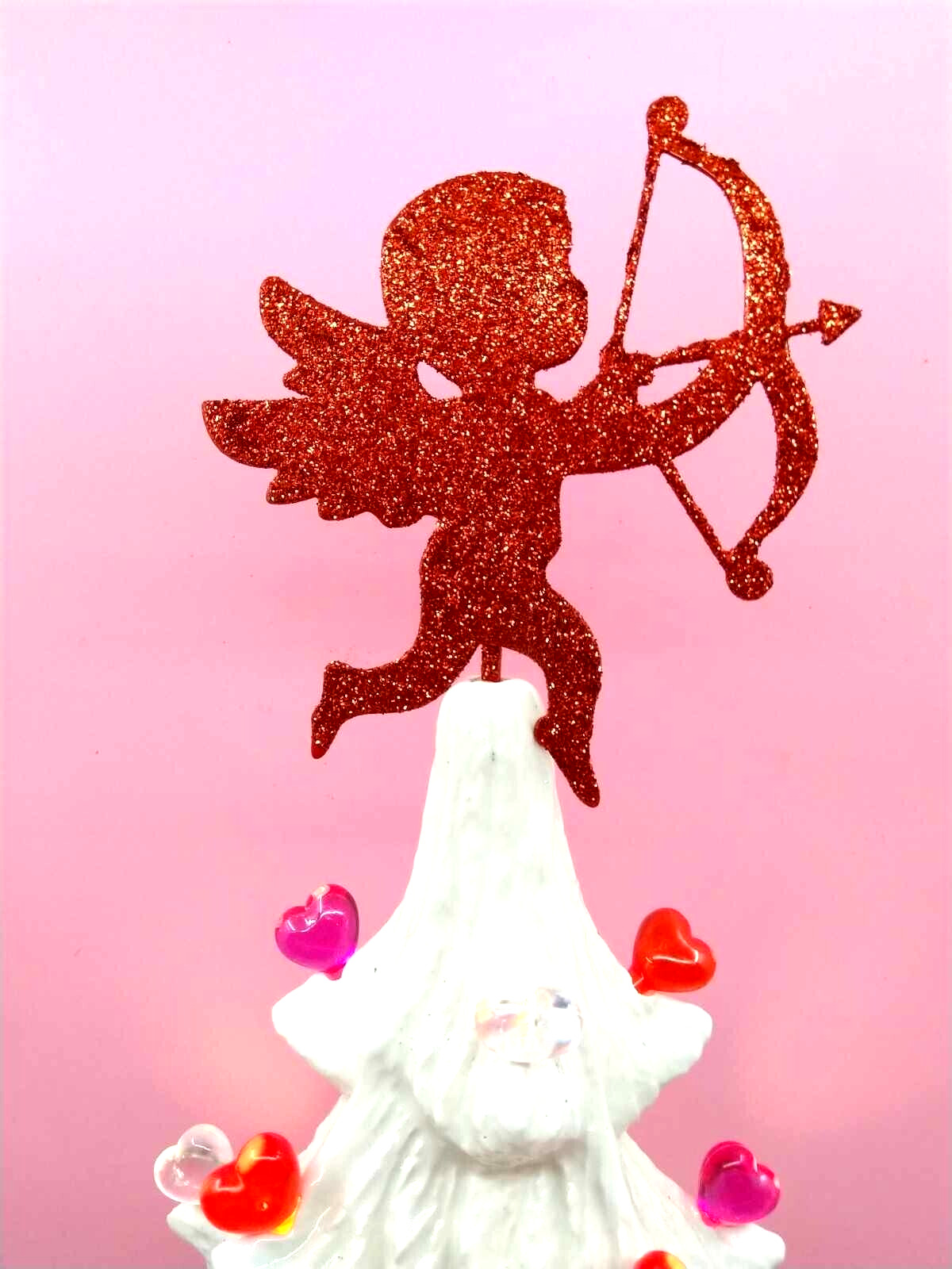 Lg Valentine Cupid w Bow Topper & 6 Heart Lights for Ceramic Christmas Tree Star