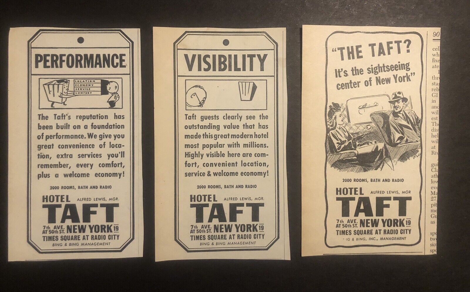 1940’s Hotel Taft 7th Ave. New York Magazine Print Ad Bundle X3