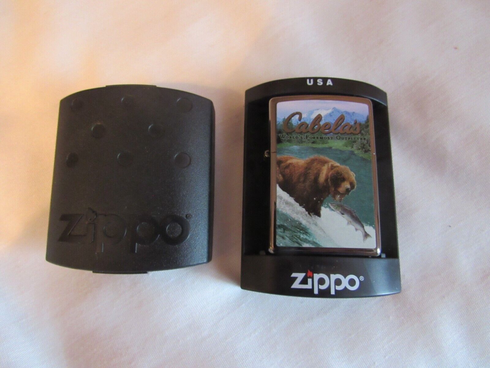 Vintage NOS Zippo Advertising Cigarette Lighter Cabela's Bear in Stream I 15