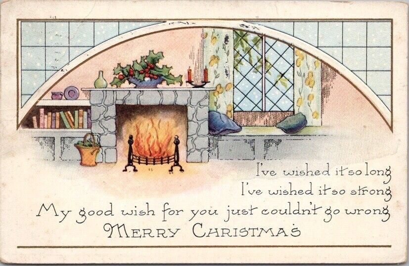 Vintage Whitney MERRY CHRISTMAS Postcard Hearth / Fireplace Scene / 1926 Cancel