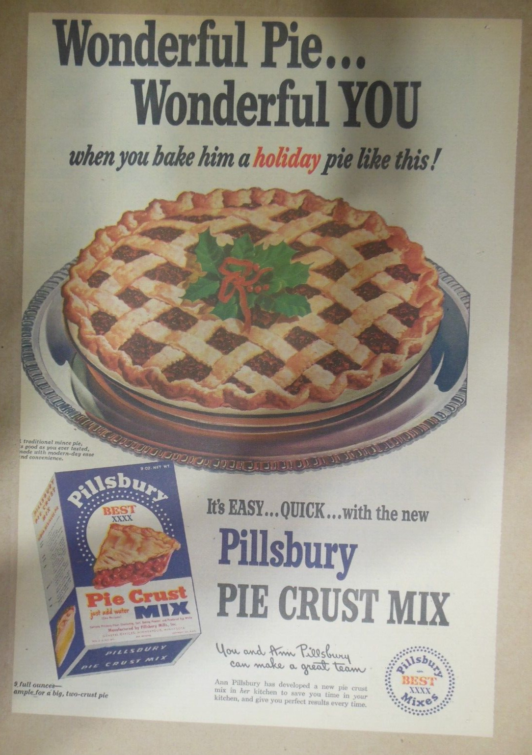 Pillsbury\'s Pie Crust Ad: Traditional Mince Pie from 1940\'s Size: 11 x 15 inches