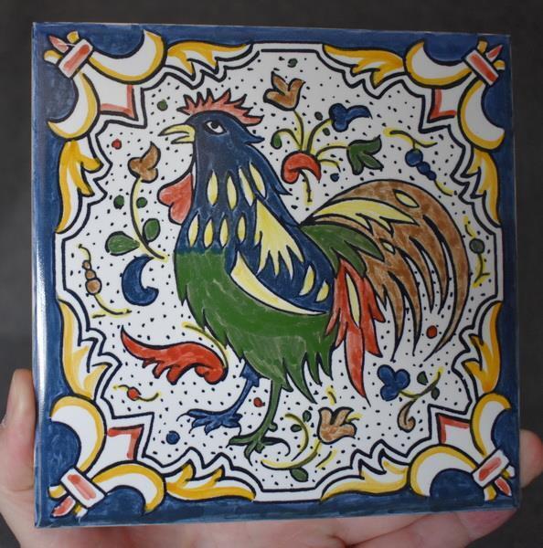 FABULOUS PORTUGUESE SIGNED ORIGINAL HND PTD ROOSTER MOTIF TILE #7 OF 8 AVAILABLE