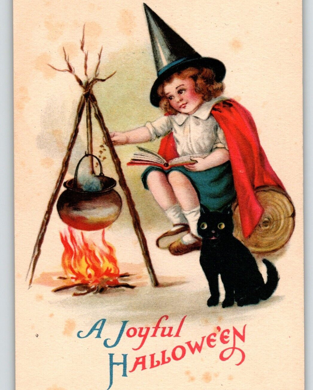 Halloween Postcard Ellen Clapsaddle Girl Witch Caldron Black Cat Wolf Series 106