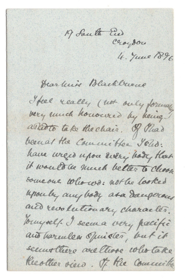 Clementina Black Signed Letter 1896 / Autographed Author Feminist Marxist RARE