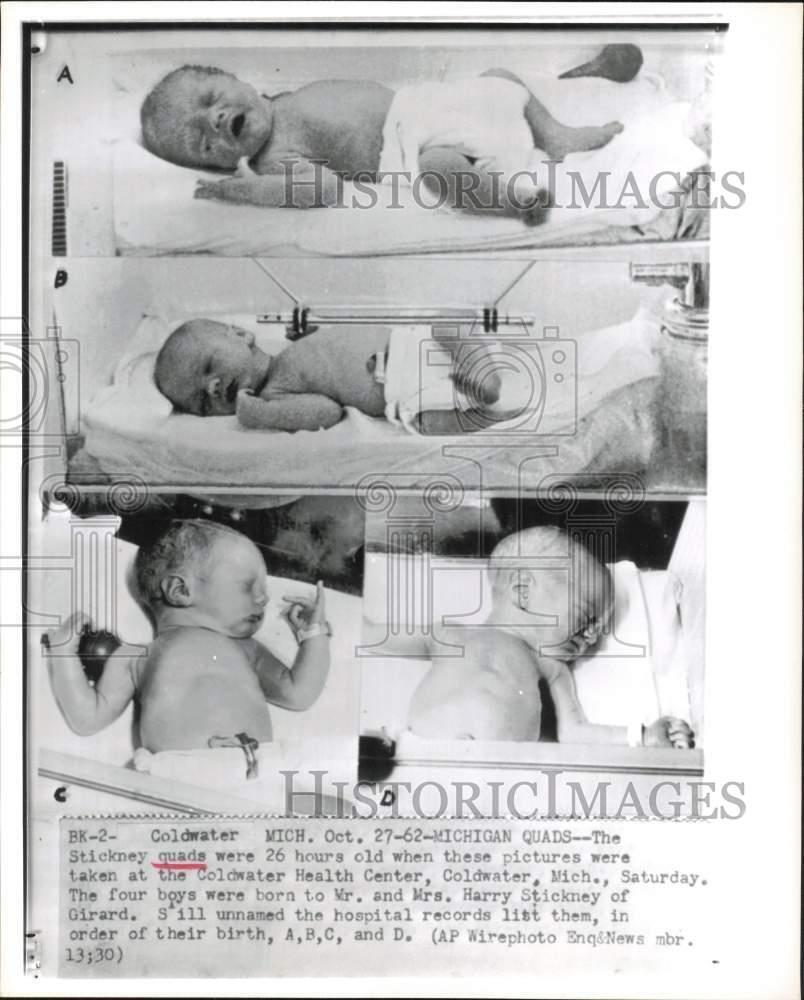 1962 Press Photo Stickney Quadruplets born in Coldwater, Michigan hospital