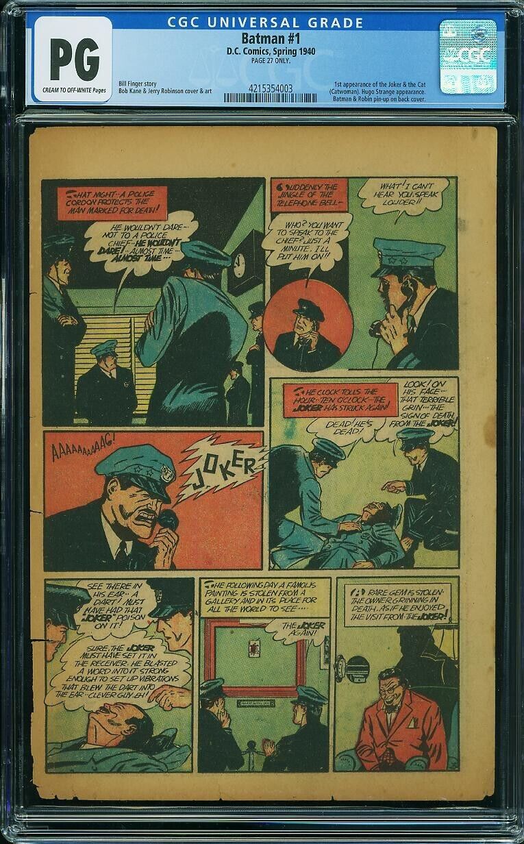 Batman 1, 1940, DC, Page/Pg 27 Only, CGC, after Detective Comics 27, Joker