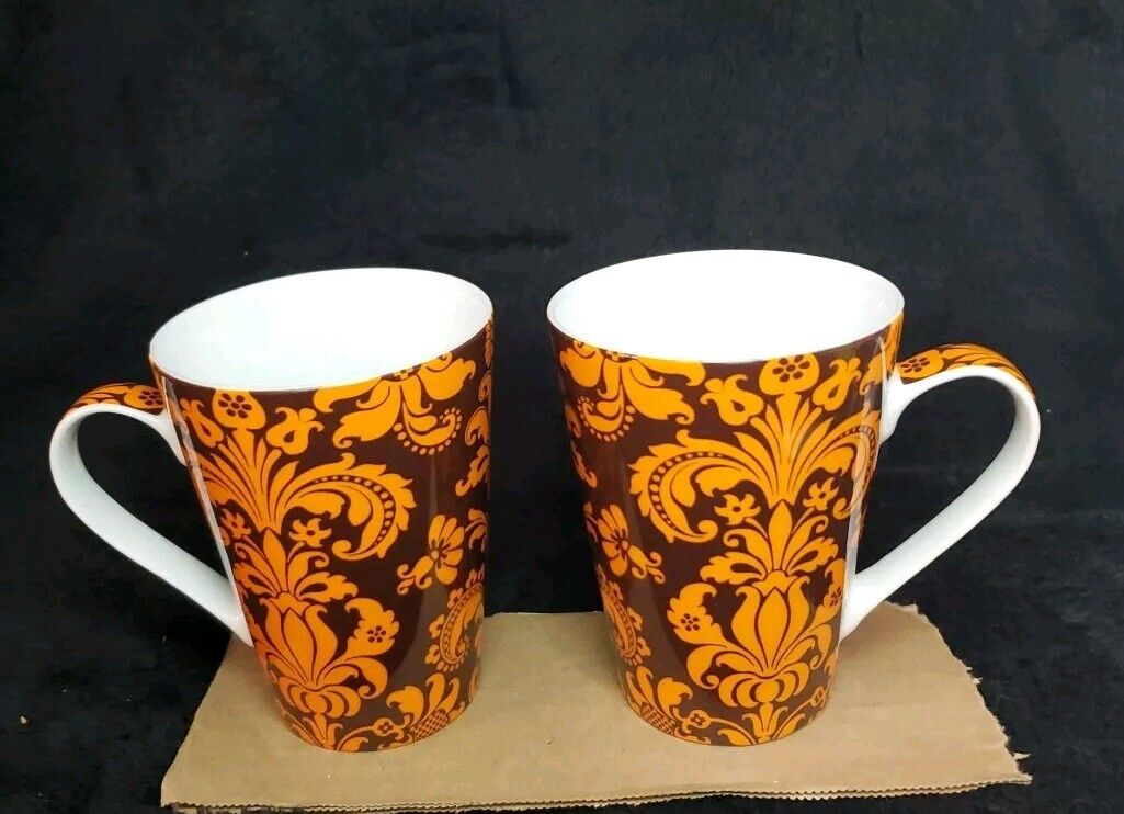 2 Konitz Germany Tall Coffee Latte Ceramic Mugs Retro Orange/Brown Floral Scroll