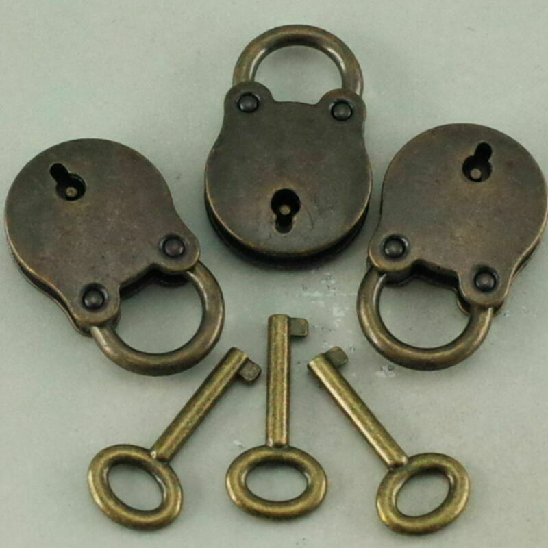 3 Pcs Antique Padlock Lock and Key Old Vintage Style Metal With Bronze Finish