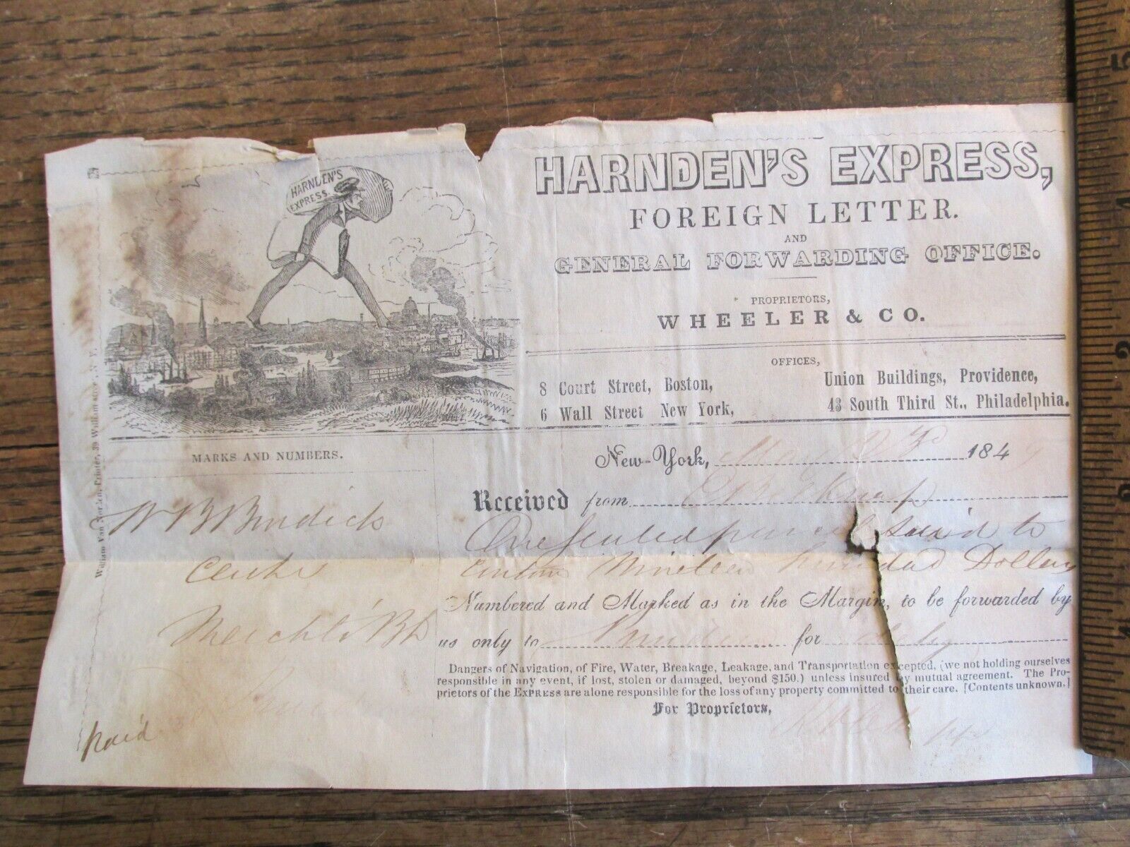 Antique Ephemera Document 1849 New York NY Foreign Letter Harnden's Express