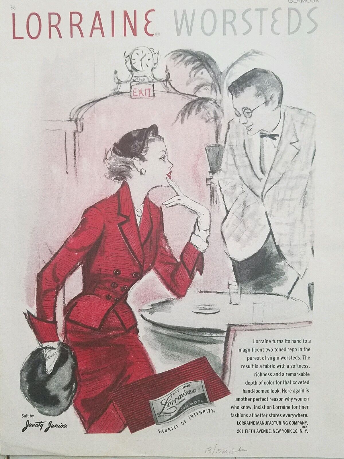 1952 Lorraine Worsteds women's Jaunty Junior's red suit vintage fashion ad