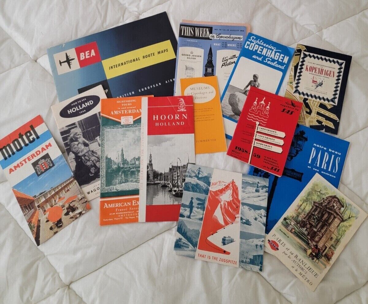 Vintage late 1950's travel documents - Amsterdam, Paris, Copenhagen, British Air
