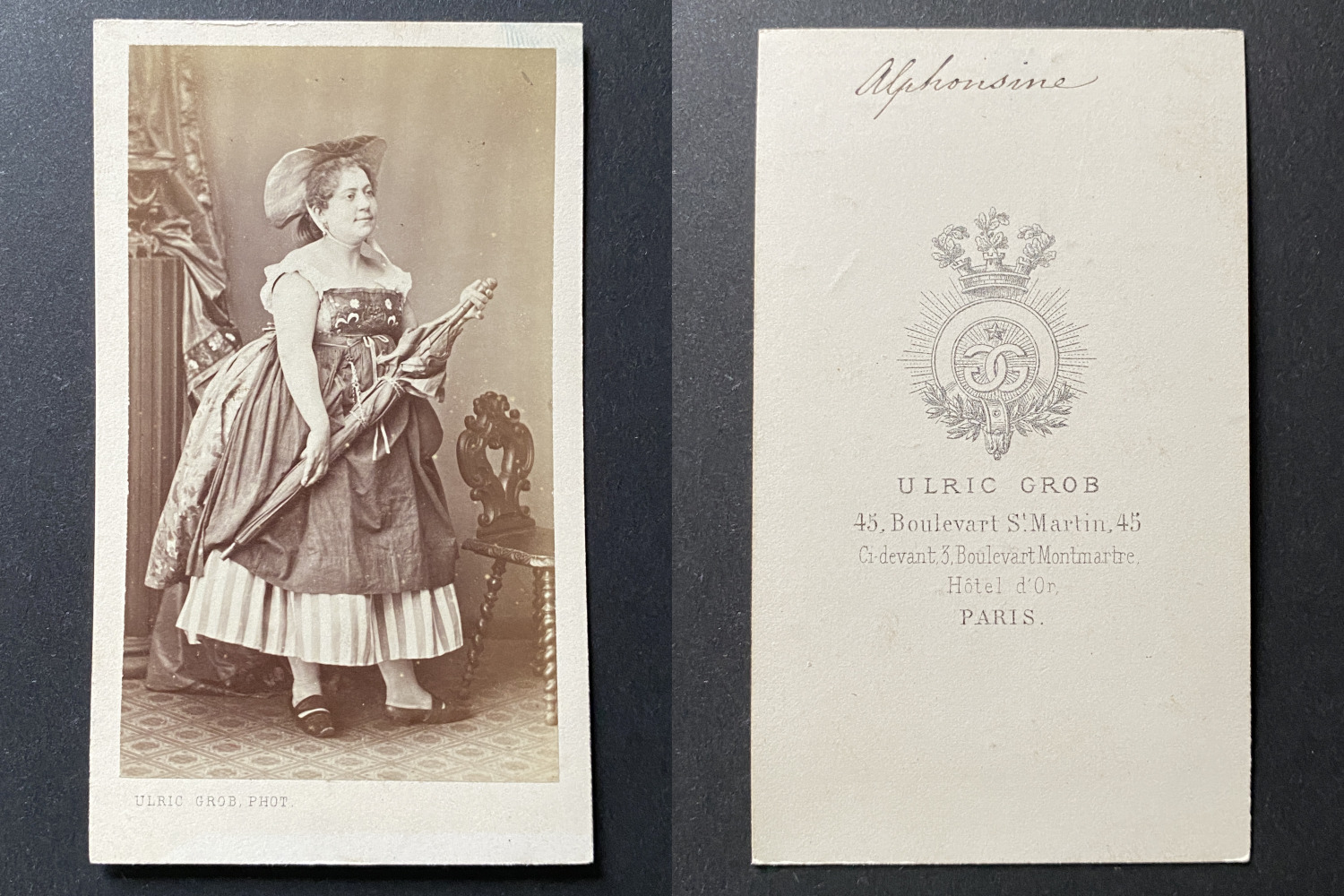 Ulric Grob, Paris, Alphonsine, Actress, in Stage Costume, circa 1865 Vintage 