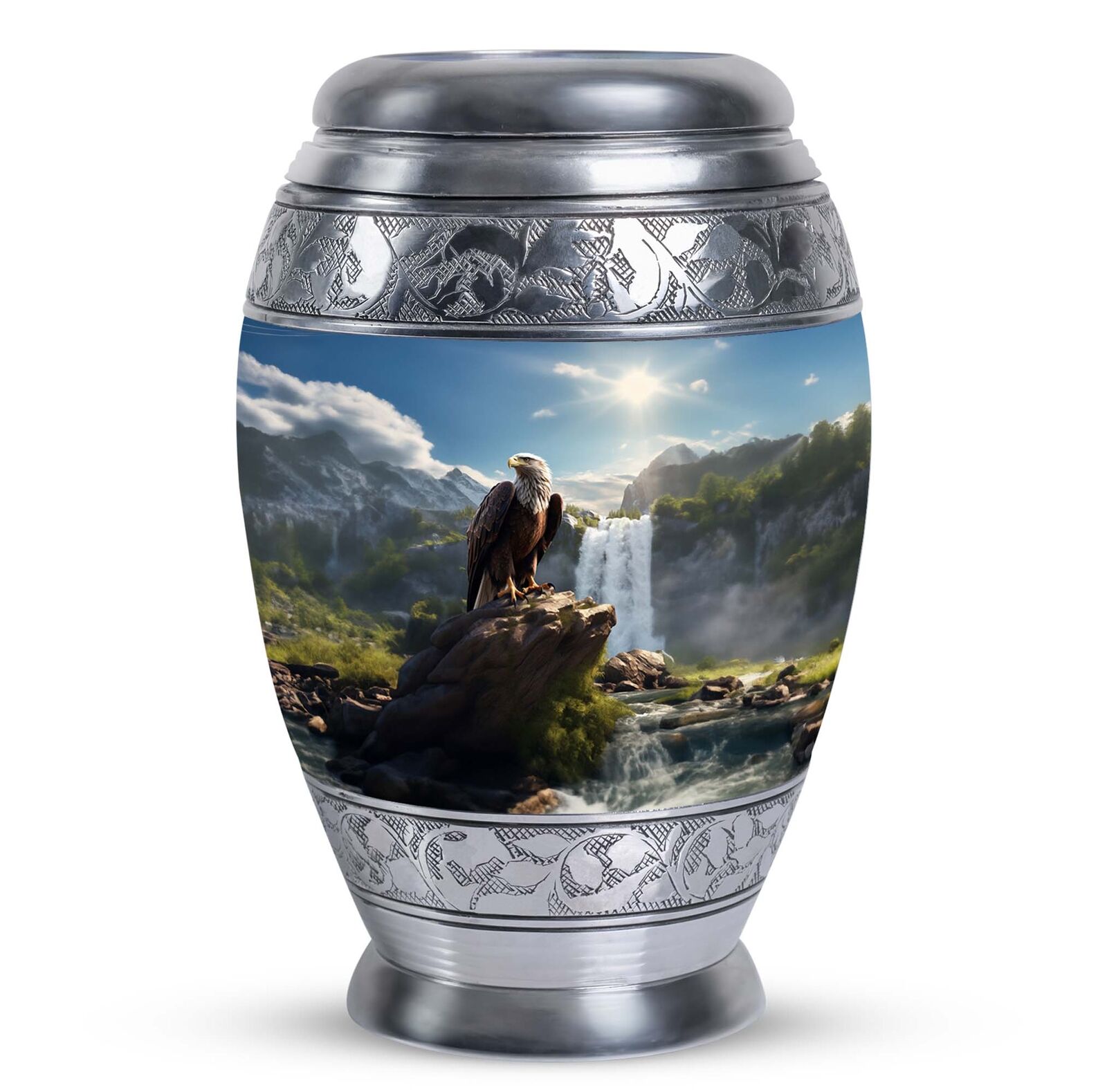 Burial Urns For Human Eagle Sitting In Front Of Waterfall (10 Inch) Large Urn