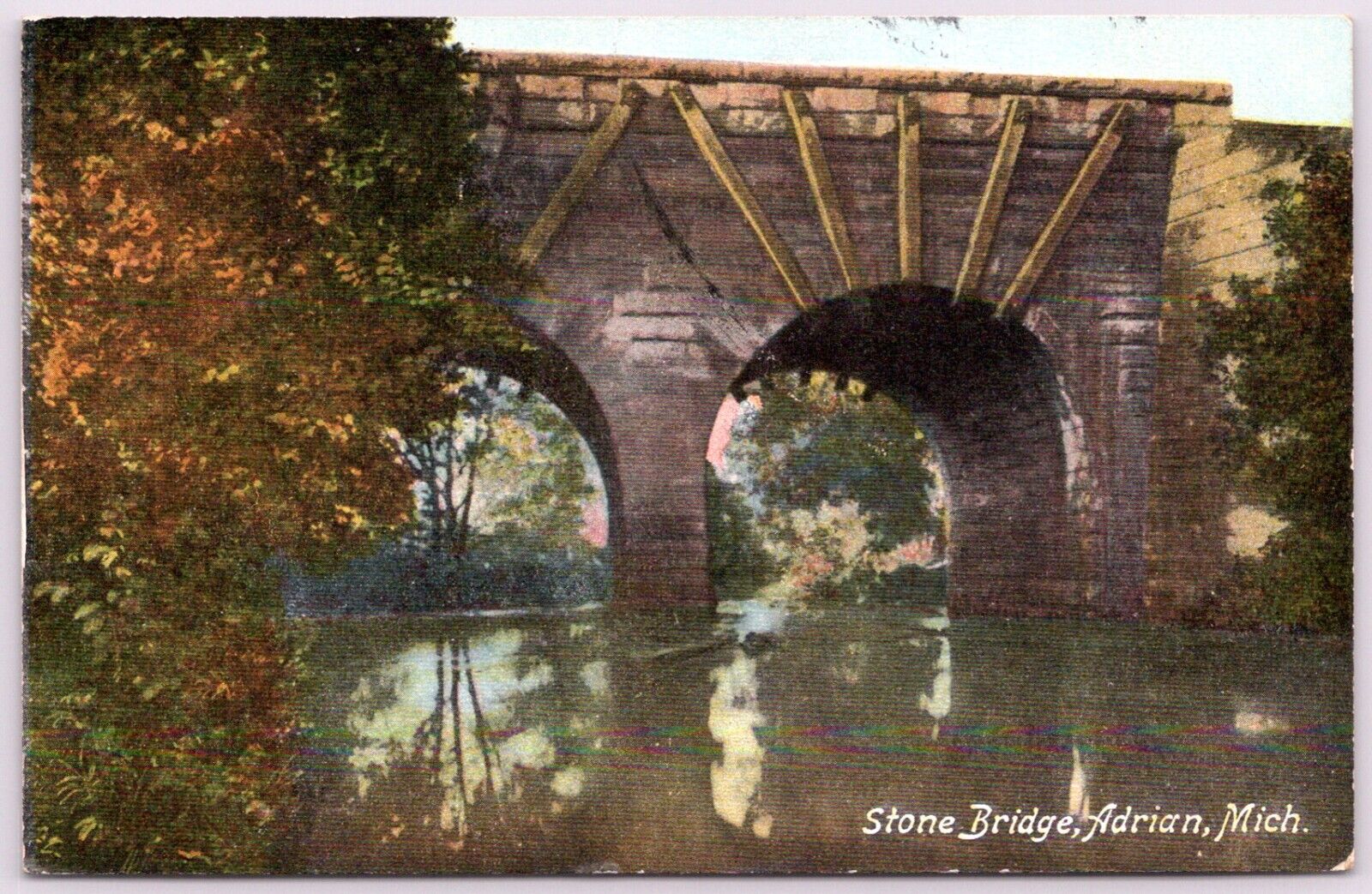 Postcard MI Adrian Michigan Stone Bridge Lenawee Co MI06
