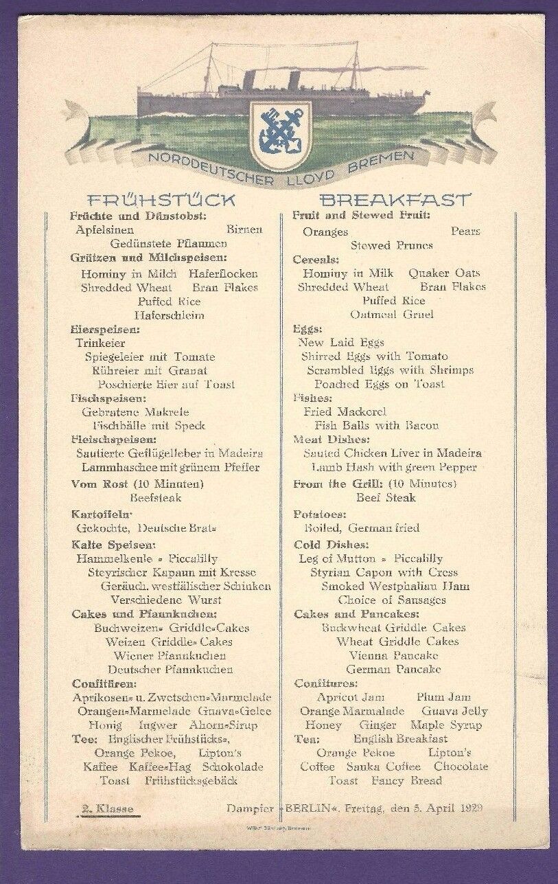 1929 SS Berlin Breakfast Menu - North German Lloyd
