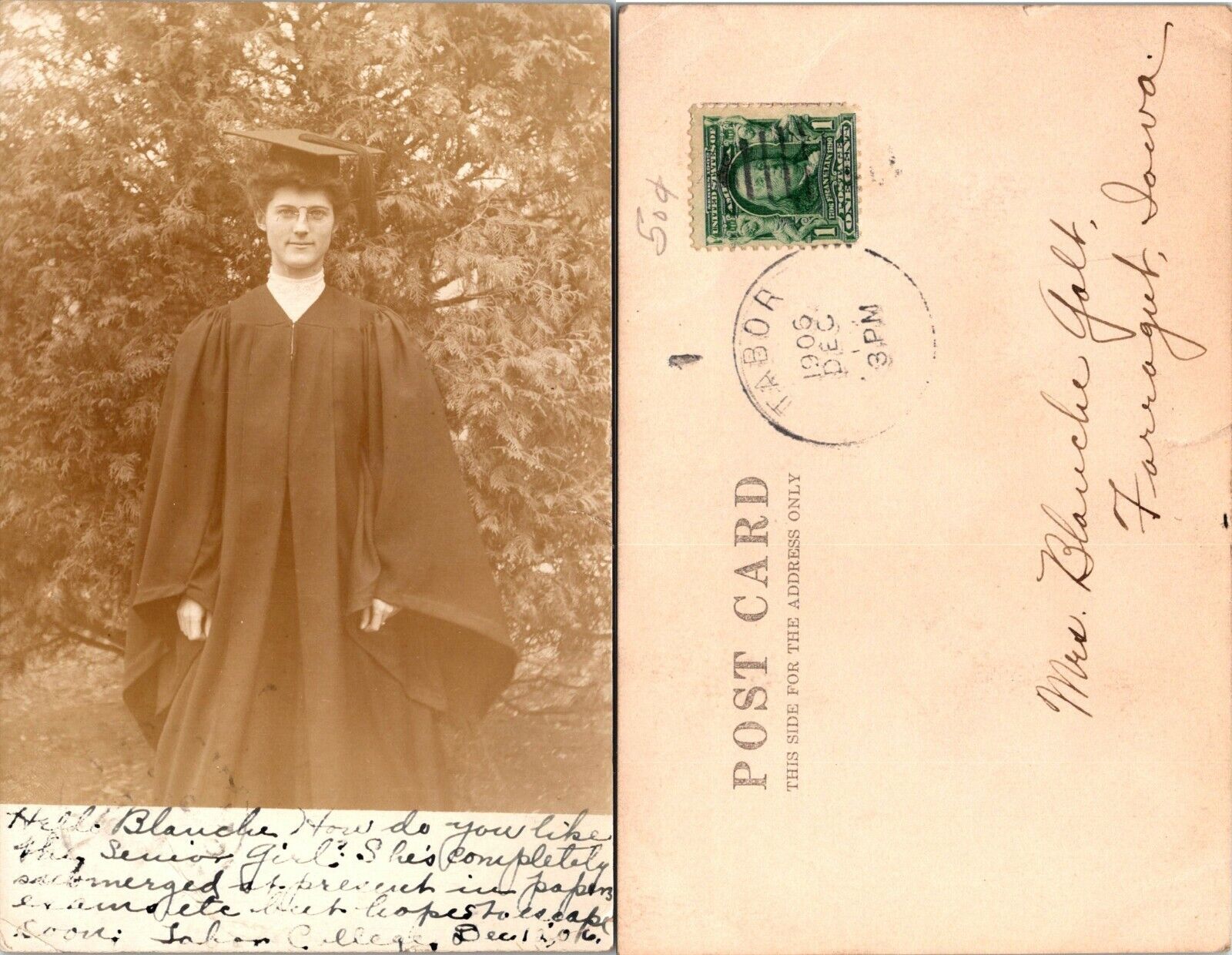 USA Iowa Tabor to Farragut Blanche York? Graduation Photo RPPC Antique Postcard