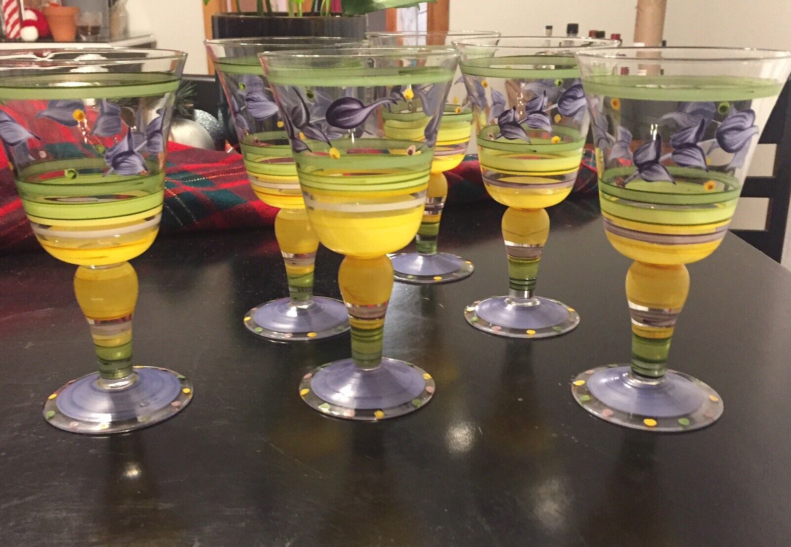 Set Of 6 Hand Blown/Hand Painted Water/Wine Goblets 