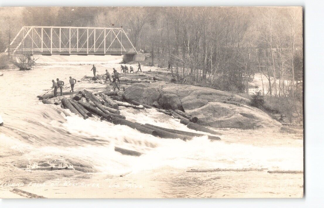 Log Drive Wolf River KESHENA FALLS Wisconsin WI RPPC Postcard Lumber Mill -N2