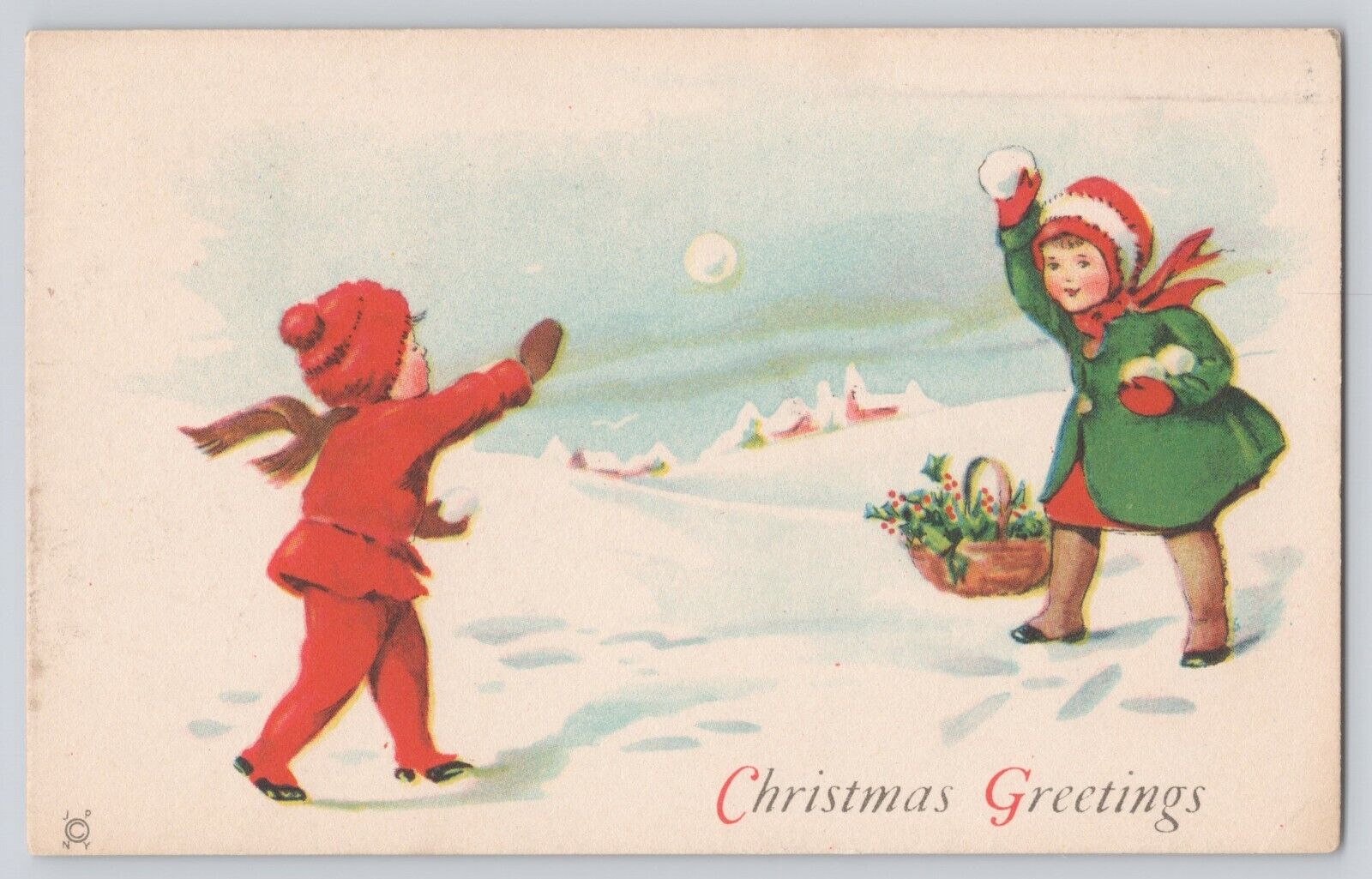 Postcard Christmas Boy Girl Children Having Snowball Fight Winter Landscape 1924