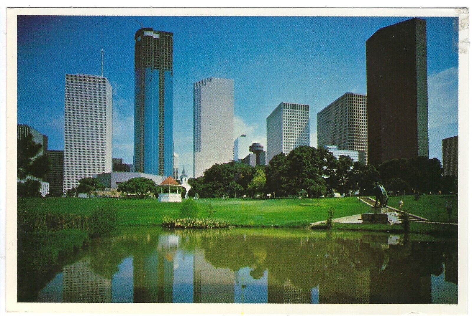 Houston TX-Texas, Sam Houston Park, Skyline Reflection Vintage Postcard