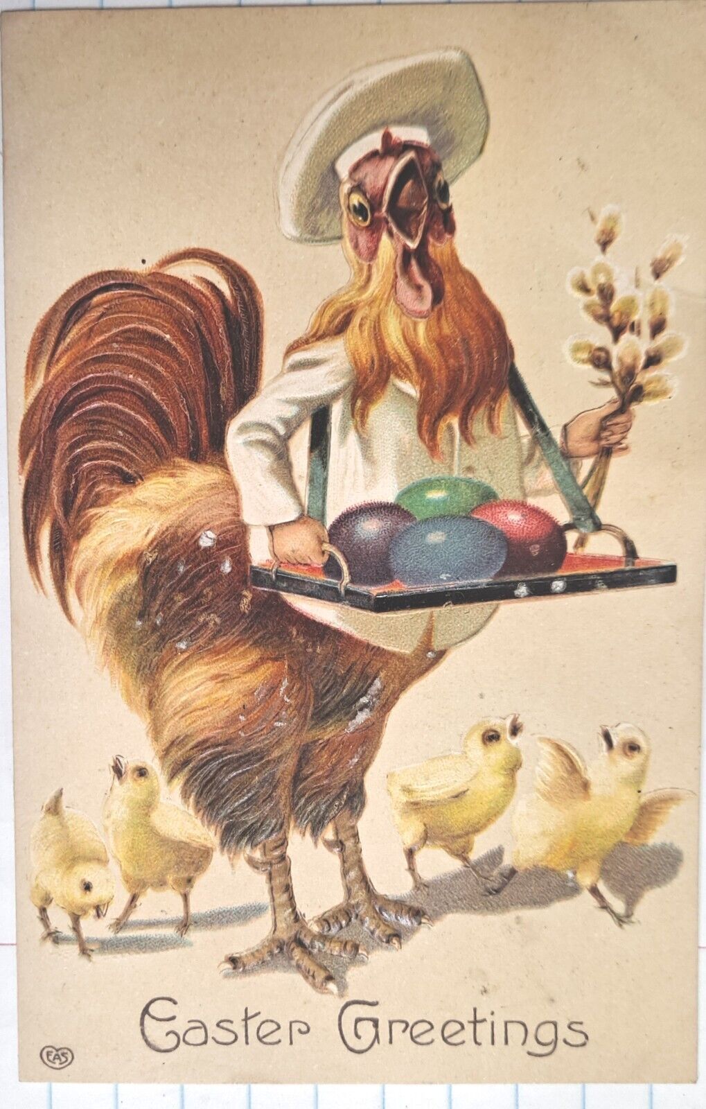 Vintage Easter Postcard Dressed Chicken With A Tray Of Colorful Eggs